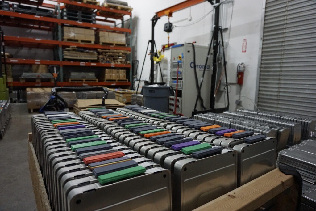 Nissan Leaf battery modules at RePurpose Energy in Davis, California. Photo by Elijah Clarke